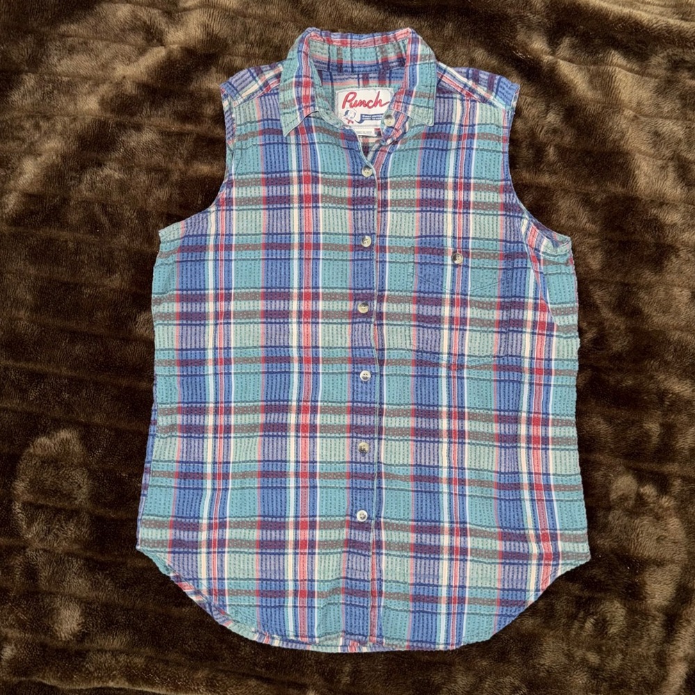 Punch Swell Clothing Sleeveless Textured Plaid Shirt - Size Large